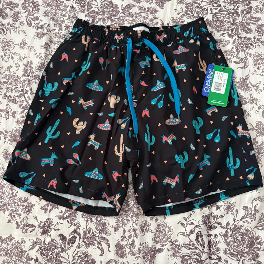 Tipsy Elves Black Swim Shorts with Teal and Red Cactus Print